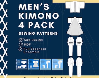 Paquete de 4 patrones de costura para kimonos de hombre: patrón para haori, yukata, con forro y sin forro (PDF)