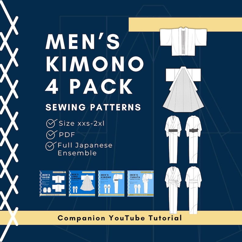 Men's Kimono Sewing Pattern 4-Pack: Haori Pattern, Yukata, Lined & Unlined (PDF) image 1