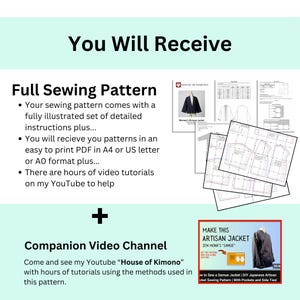 May include: Image of a sewing pattern set with detailed instructions and video tutorials. The text reads "You Will Receive" and "Full Sewing Pattern." Includes a companion video channel with tutorials.