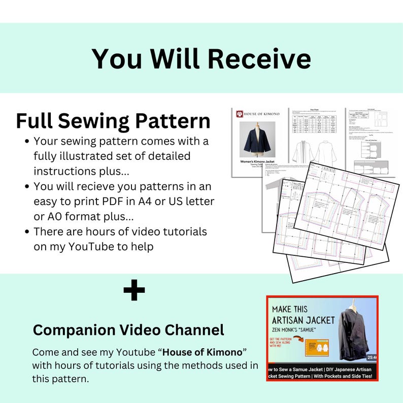 May include: Image of a sewing pattern set with detailed instructions and video tutorials. The text reads "You Will Receive" and "Full Sewing Pattern." Includes a companion video channel with tutorials.