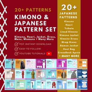 May include: A digital pattern set featuring over 20 Japanese clothing designs including kimono, haori, yukata, jackets, and dresses. The graphic displays text titles, checkmarks for PDF downloads and tutorials, and a grid of garment illustrations.