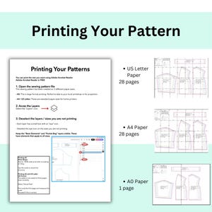 May include: A guide titled "Printing Your Pattern" with instructions for printing sewing patterns. The image includes diagrams of pattern pieces and details on paper sizes: US Letter, A4, and AO. The text explains how to use Adobe Acrobat Reader.