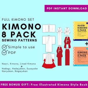 Paperless DIY Kimono Kimono Sewing Pattern 8 Pack - Complete Kimono Set - Juban - Susoyoke - Haori Jacket - Unlined Kimono - Lined Kimono