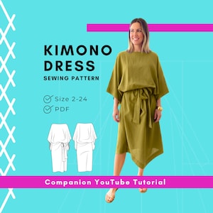 May include: A woman models an olive green kimono dress. The image features the text "KIMONO DRESS SEWING PATTERN" with size range 2-24 and PDF availability. The design includes a tie waist and asymmetrical hemline. A companion YouTube tutorial is also available.