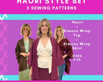 Patrón de costura para traje de falda kimono: Patrón de chaqueta haori, top cruzado, susoyoke (descarga en PDF)