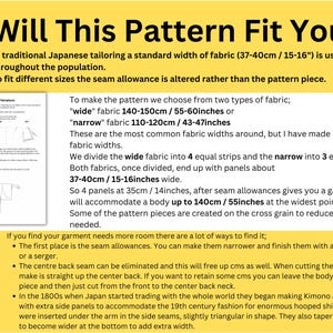 May include: Informational graphic with text: "Will This Pattern Fit You?" discussing Japanese tailoring and fabric widths. Includes measurements in inches and centimeters, such as 15-16 inches and 55-60 inches. Also shows diagrams and instructions for adjusting patterns.