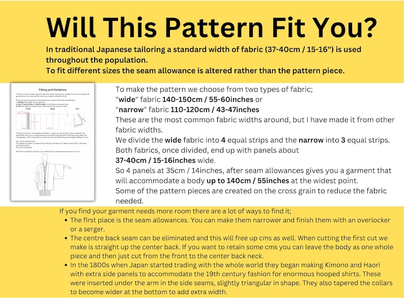 May include: Informational graphic with text: "Will This Pattern Fit You?" discussing Japanese tailoring and fabric widths. Includes measurements in inches and centimeters, such as 15-16 inches and 55-60 inches. Also shows diagrams and instructions for adjusting patterns.