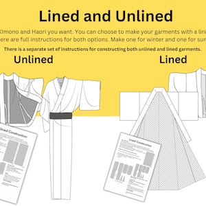 May include: Illustration of kimono and haori garment patterns, labeled "Lined and Unlined." The image shows diagrams for both lined and unlined construction, with instructions for winter and summer garments. Includes diagrams and text.