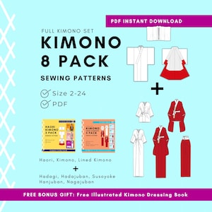 Patrón de costura de kimono: Conjunto de kimono DIY de 8 piezas fácil de coser (Descarga PDF)