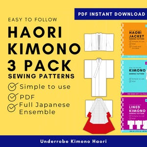 Paperless DIY Kimono Haori Sewing Pattern 3 Pack - Easy to Sew with Western Fabrics - Haori Jacket - Unlined Kimono or Yukata - Lined Kimono