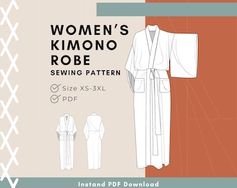May include: A digital sewing pattern for a kimono robe featuring a white line drawing of the garment with wide sleeves, a tie waist, and two pockets. The text reads WOMEN'S KIMONO ROBE SEWING PATTERN, Size XS-3XL, PDF, and Instand PDF Download.