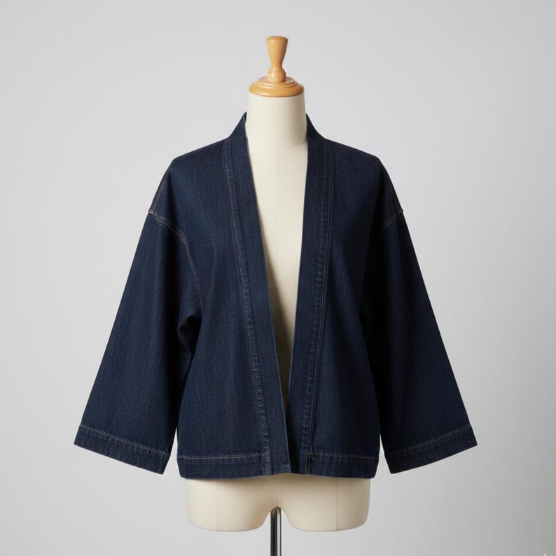 May include: A dark blue denim jacket with a kimono-style design. The jacket features a collarless neckline, three-quarter sleeves, and a straight hem. The garment is displayed on a mannequin against a plain white background.
