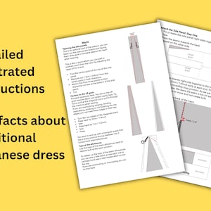May include: Detailed illustrated instructions and fun facts about traditional Japanese dress are displayed on white paper against a yellow background. The instructions include diagrams and text, with the words "Machi" and "Attach the Side Panel" visible.