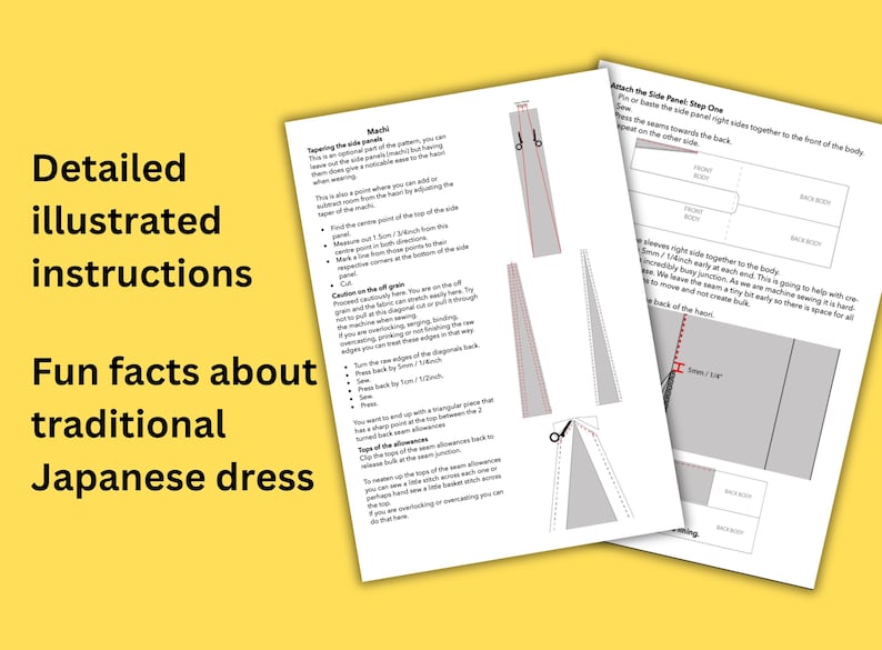 May include: Detailed illustrated instructions and fun facts about traditional Japanese dress are displayed on white paper against a yellow background. The instructions include diagrams and text, with the words "Machi" and "Attach the Side Panel" visible.