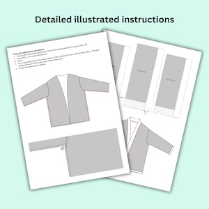 May include: Two pages of detailed illustrated instructions for sewing a garment. The pages show diagrams of the garment in gray, with text describing the sewing steps. The text includes instructions for the side seams and sleeve.