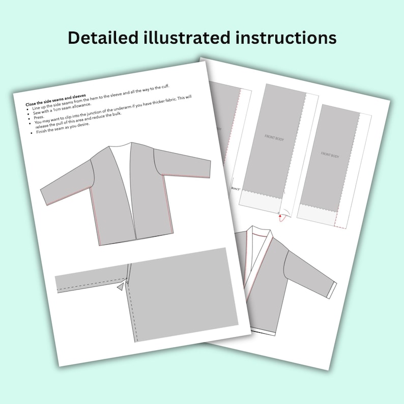 May include: Two pages of detailed illustrated instructions for sewing a garment. The pages show diagrams of the garment in gray, with text describing the sewing steps. The text includes instructions for the side seams and sleeve.