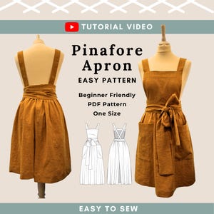 Op de afbeelding: Een mosterdkleurige pinafore-schort op een mannequin. De schort heeft een vierkante halslijn, grote voorzakken en een tailleband. De tekst "Pinafore Apron, Easy Pattern, Beginner Friendly, PDF Pattern, One Size" is zichtbaar.
