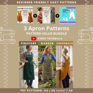 May include: A digital pattern value bundle featuring three apron designs: a pinafore, a gardener apron, and a Japanese cross-back apron. The image includes text labels, video tutorial icons, and photographs of each apron style worn in various settings.