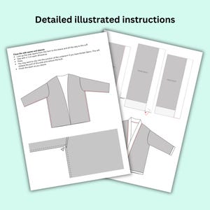 May include: Detailed illustrated instructions for sewing a garment. The instructions are on two white sheets of paper. The illustrations show the garment in gray, with red lines indicating seams. Text includes sewing steps and seam allowances.