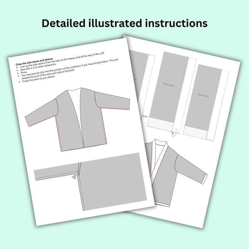 May include: Detailed illustrated instructions for sewing a garment. The instructions are on two white sheets of paper. The illustrations show the garment in gray, with red lines indicating seams. Text includes sewing steps and seam allowances.