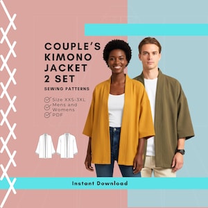 Puede incluir: Un conjunto de patrones de costura digitales para chaqueta tipo kimono, con el texto COUPLE'S KIMONO JACKET 2 SET SEWING PATTERNS, Size XXS-3XL, Mens and Womens, PDF e Instant Download, junto a ilustraciones de los contornos de dos chaquetas.