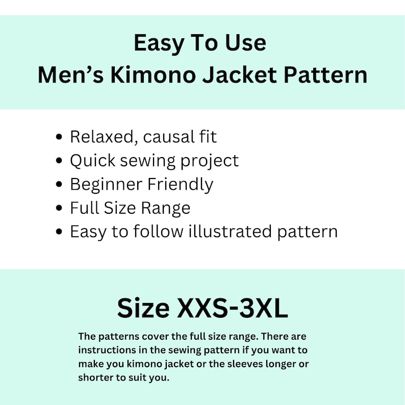 May include: A teal and white graphic with the text "Easy To Use Men's Kimono Jacket Pattern." Bullet points highlight features like relaxed fit and beginner-friendly. The size range is XXS-3XL. Instructions are included.