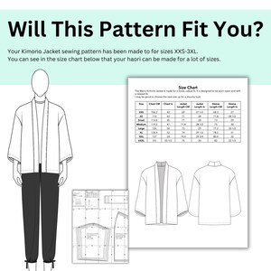 May include: Line drawing of a kimono jacket and pants outfit. The image includes a size chart with measurements in centimeters and inches. Text at the top reads, "Will This Pattern Fit You?" and describes the pattern sizes.