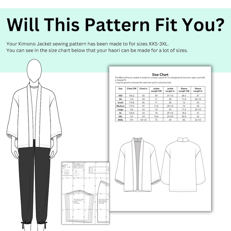 May include: Line drawing of a kimono jacket and pants outfit. The image includes a size chart with measurements in centimeters and inches. Text at the top reads, "Will This Pattern Fit You?" and describes the pattern sizes.