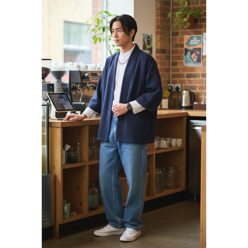 May include: A person wearing a navy blue kimono-style jacket over a white shirt and light blue jeans. The jacket has wide sleeves and a relaxed fit. The person is wearing a silver chain necklace and a watch. White sneakers complete the outfit.