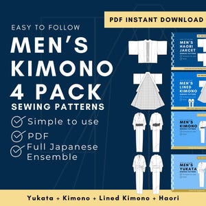 Paperless DIY Men&#39;s Kimono 4 Pack - Yukata Kimono Haori Sewing Pattern 4 Pack - Haori Jacket - Yukata - Unlined Kimono - Lined Kimono