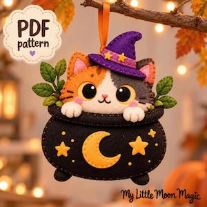 Witch Cat in Cauldron Felt Sewing Pattern PDF, Halloween Ornament, DIY Felt Plushie, Cute Witch Kitty, Digital Download, easy diy crafts