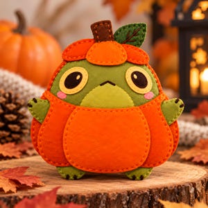 May include: A green felt frog plush toy wearing an orange pumpkin costume with a brown stem and a green leaf on top. The frog has large black eyes, pink cheeks, and small arms and feet, with visible stitching along the edges of the felt fabric.
