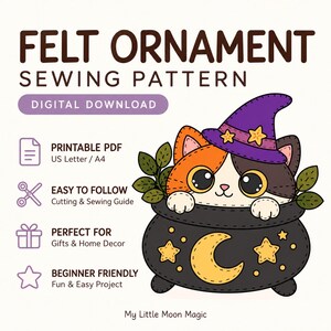 Witch Cat in Cauldron Felt Sewing Pattern, Halloween Ornament (Digital Download)