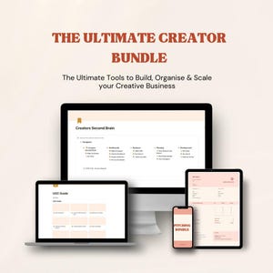 以下が含まれることがあります： クリエイター向けのデジタルマーケティングバンドル。ラップトップ、タブレット、スマートフォンに、さまざまなデジタル製品が表示されています。製品には、「クリエイターのセカンドブレイン」ガイド、「UGCガイド」、「ピッチングバンドル」が含まれています。