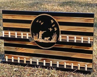 Duck Call Holder Wood Display – Goose Call Shelf, Hunting Dog Engraving, Duck Hunter Wall Art, Custom Waterfowl Decor, Duck Hunting Gift
