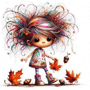 Autumn Acorn Girl Clipart: Fall Crafts, Kids Cards (JPG Digital Download)
