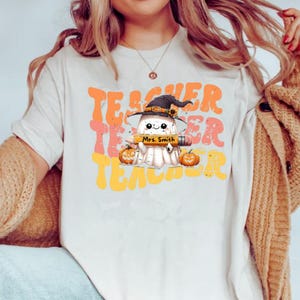 Personalized Ghost Teacher Shirt, Cute Halloween Shirt For Fall,Funny Teacher Tee With Bow,Gift For Elementary Teacher,October teacher shirt