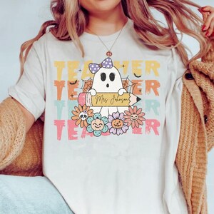 Personalized Ghost Teacher Shirt, Cute Halloween Shirt For Fall,Funny Teacher Tee With Bow,Gift For Elementary Teacher,October teacher shirt