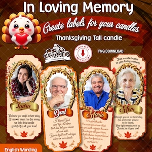 Labels for candles thanksgiving in loving memory Just add name and photo