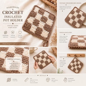 Salvamanteles de ganchillo hecho a mano, salvamanteles de tablero de ajedrez, posavasos de algodón, esterilla aislante para ollas, posavasos de cocina, decoración rústica de cocina, regalo de inauguración de casa.