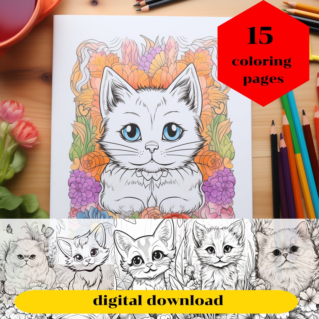 Cute Cats 15 Adorable Cats Coloring Pages, Coloring Book, for Adult ...