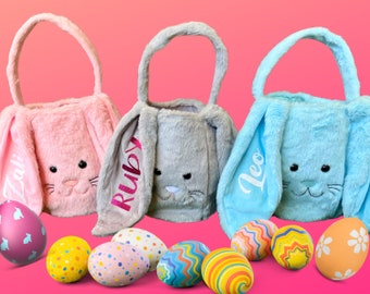 Embroidered Personalized Easter Basket | Custom Kids Fuzzy Easter Egg Hunt Bunny Bag | Toddler Basket Stuffer | Boys and Girls Easter Gift