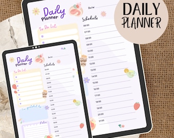 May include: A printable daily planner with a pastel purple and yellow color scheme. The planner has a to-do list, a schedule, and a notes section. It features cute illustrations of desserts, flowers, and fruit.