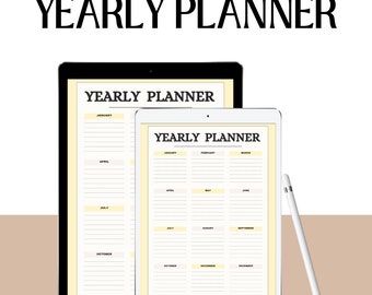 May include: Two digital yearly planners displayed on tablets. The larger tablet is black and the smaller tablet is white. Both tablets have a white background with black text and yellow accents. The text on the tablets reads "Yearly Planner".