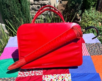 1960’s Vintage Red Patent Leather Handbag with Umbrella