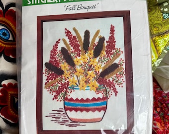 WonderArt Stitchery Fall Bouquet Flower NOS Crewel Embroidery Kit // Flower Crewel // BOHO Crewel // Natural Crewel // Crewel Wall Hanging