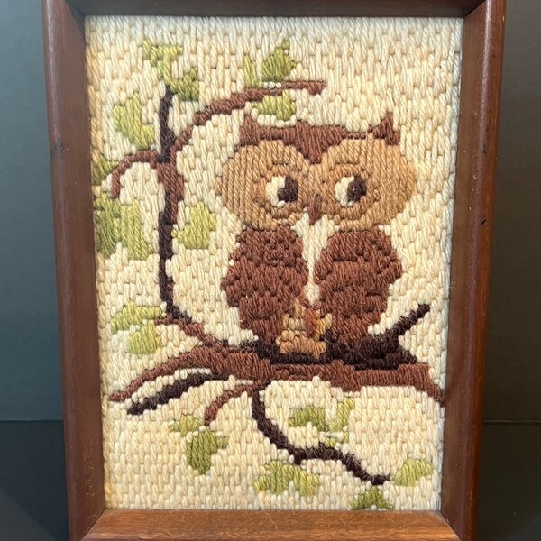 Vintage 1970s Owl Needlepoint Wall Hanging // Vintage 1970s Home Decor