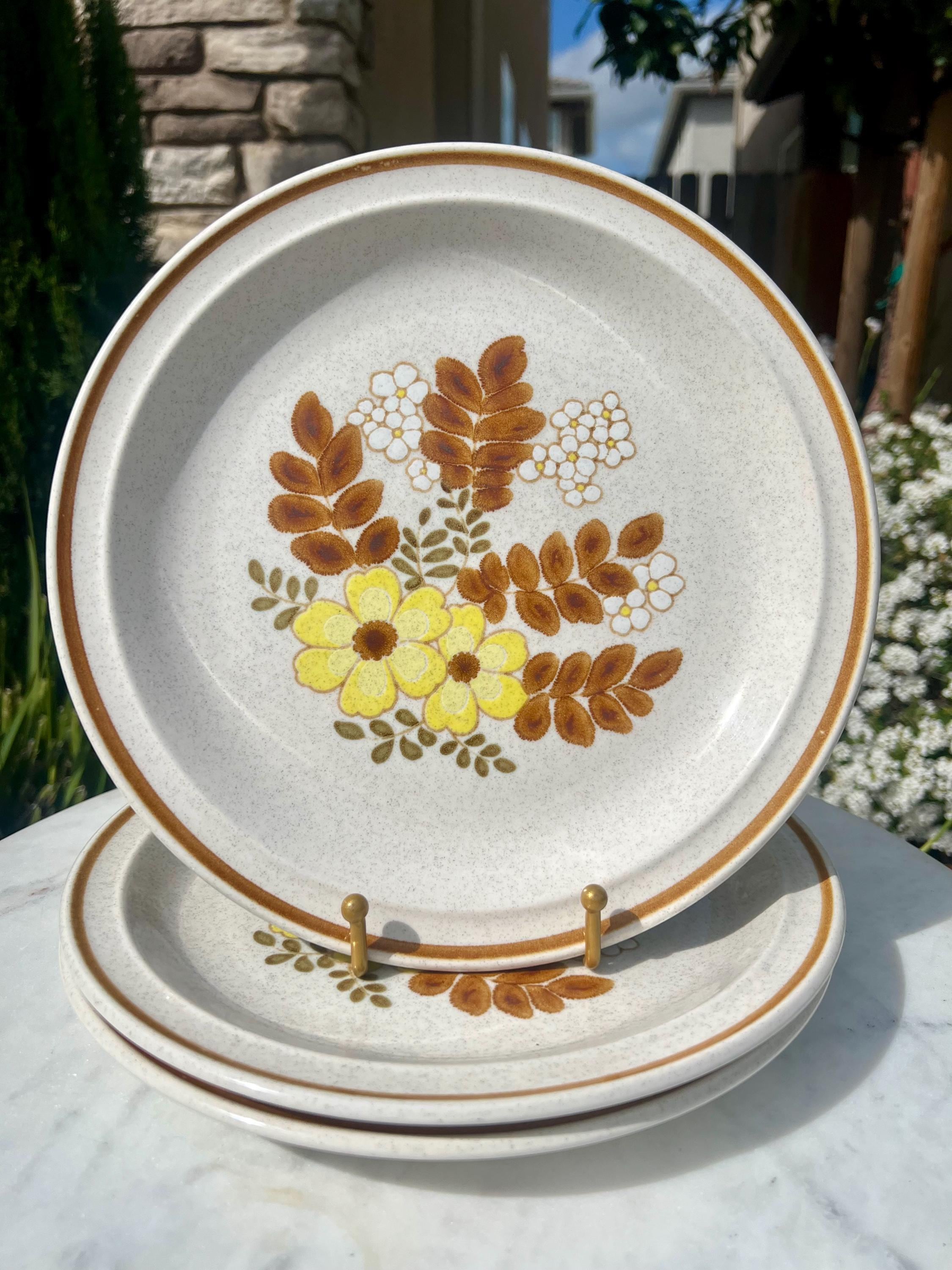 Vintage 1970s Flower Stoneware Dinner Plates Set of Colorstone