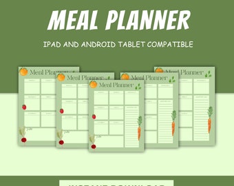 Könnte beinhalten: Ein Satz von fünf druckbaren Speiseplan-Seiten mit grünem Hintergrund und Illustrationen von Karotten, Radieschen und Orangen. Der Text "Meal Planner" steht oben auf jeder Seite. Der Text "iPad und Android Tablet Compatible" steht unter dem Titel. Der Text "INSTANT DOWNLOAD" steht unten im Bild.
