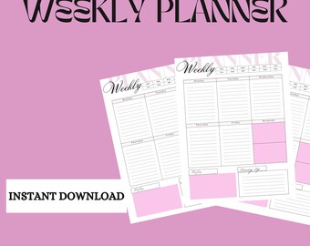 Puede incluir: Planificador semanal imprimible con un esquema de color rosa y blanco. El planificador tiene secciones para cada día de la semana, así como una sección de notas y una sección "Próximamente".